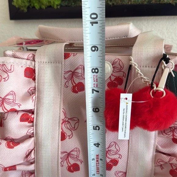 Betsey Johnson Pink Cherry Print Tote with Red Pom Charm - Picture 5 of 5